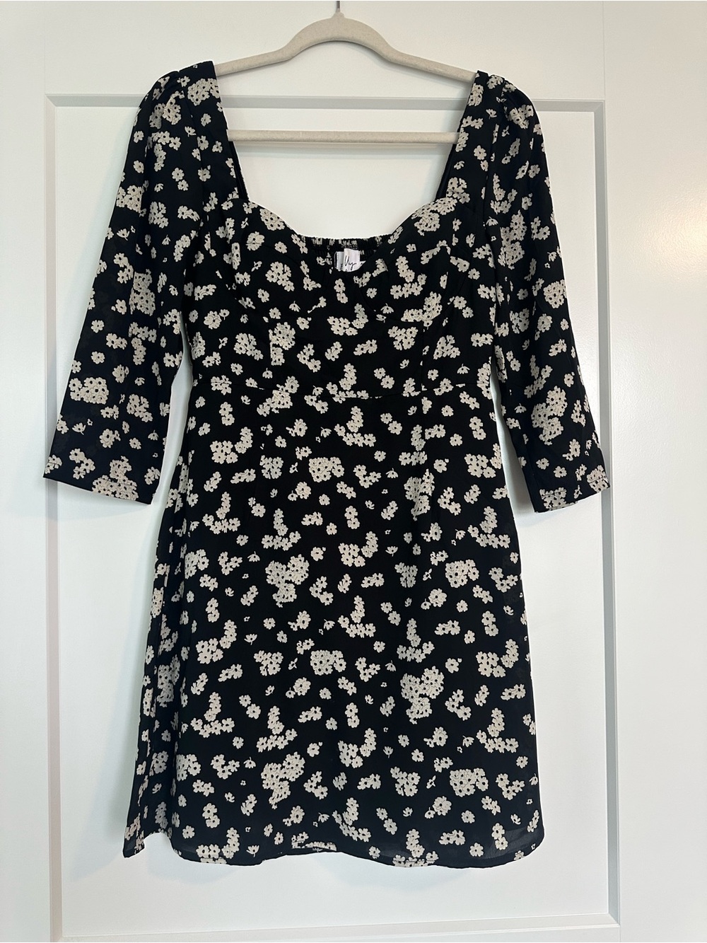 Black Floral Square-Neck Midi Dress with Three-Quarter Sleeves